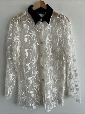 Zebra Sheer Embroidered White Blouse with Black Collar